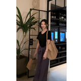 Summer New Relaxation Black Short-Sleeved T-Shirt Blouse High-Waist Purple Color Tying Strap A-Word Half-Dress