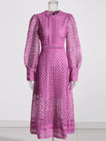 Vintage Solid Dress For Women Round Neck Lantern Sleeve Patchwork Embroidery High Waist Midi Dresses Female Autumn