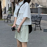 Women Solid Cropped Pockets Short Sleeve Preppy Cute Sweet Japan Style Simple Popular All-match Mujer Leiusre Fashion