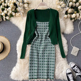 Autumn Plaid Knitted Two Pieces Suits Women Long Sleeve Knit Cardigan+Slim Short Camis Dress Sweater Dress Sets