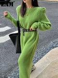 Women Green Knitting Big Size Long Dress New Round Neck Long Sleeve Loose Fit Fashion Tide Autumn Winter 2022