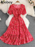 Sexy Square Collar Short Sleeve Women Midi Dress Beach Vacation Party Robe Female Elegant High Waist