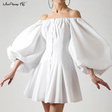 18 Sexy Off Shoulder Pleated Dress Women Elegant Lantern Sleeve Party Dress Evening White Cotton Dresses New Chic