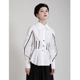 Women White Topstitched Big Size Blouse New Lapel Long Sleeve Loose Fit Shirt Fashion Tide Spring Autumn 2023