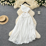 Spring New French Atmosphere Temperament Hollow Exposed Waist Thin Shoulder Irregular Chiffon Dress