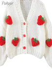 Strawberry Women Cardigan Sweater Winter Loose Fashion V Neck Hand 3D Knitting Ladies Jumper Casual Female Coats