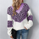 New Autumn Casual Woman Oversized Sweaters Winter Long Sleeve Knitted Jumper Sweater Women V-neck Leopard Print