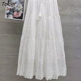 Boho Elegant White Long Skirt Women Hook Flower Hollow Folds Hem High-waisted Skirts Casual Holiday Female Clothes