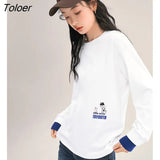 Women Fake Two Piece Tees 2022 Winter Long Sleeve O Neck Loose Tshirt Splice Cuffs White Comfort Basic All Match