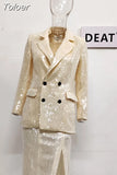 Fashion Women's New Double Breasted Sequins Loose Blazer Split High Waist Straight Skirts Female Tide Summer 2023