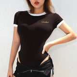 Rockmore Skinny Elegant Bodycon Bodysuit Women Casual Ladies Bodysuit Blue Short Sleeve O Neck Romper Jumpsuit Office