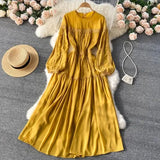 Yellow/Purple/Green Lace Patchwork Long Dress Women Spring Autumn Elegant Round Neck Puff Sleeve High Waist A-Line Party