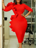 Fashion Women's Round-Neck Temperament Seven-Sleeve Lotus Leaf Side Elegant African