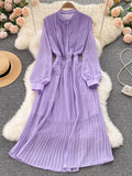 Autumn Purple/Red/Yellow Pleated Dress Women Vintage Stand Collar Puff Sleeve High Waist Draped Vestidos Female Midi Robe