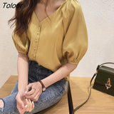 Women Summer Chiffon M-4XL V-neck Single-breasted Elegant Lantern Sleeve Leisure Korean Style Loose All-match Newest