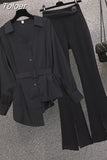 New Elegant Women's Pants Set Personalized Chiffon Shirt Top Black Trousers Two Piece Set Female