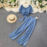 Women Autumn Bohemian Floral Set V Neck Puff Sleeve Short Top+Sexy Split High Waist Wide Leg Long Pants Two Pieces