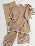 Knitted Short Sleeve Pants Loungewear Set O-neck Loose Side Shirt Pant Sets 2023 Women Casual Tracksuit Two Piece