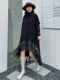 Women Black Irregular Big Size Leather Tassels Dress New Turtleneck Short Sleeve Fashion Tide Spring Autumn 2023