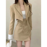 Piece Dress Set Women Casual Y2k Crop Tops Elegant Jacket Coats + Mini Skirts Korean Fashion Suits 2022 Autumn Blazers