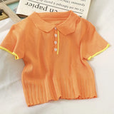 Summer 2023 Women's Polo Shirts Slim Cute Crop Tops Female Button Up T-shirt Knitted Blouses Femme Short Sleeve Polo