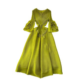 Court Dress Female Design Tuxedo V Collar Long Three House Press Folding Horn Sleeve Dress