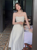 Women Summer Elegant Casual Midi White Dress Spaghetti Strap Vintage A-Line Fashion Party Vestidos Femme Prom Robe Clothes