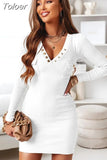 Women Long Sleeve Solid Bodycon Mini Dress Sexy V Neck Button Elegant Casual Solid Slim Sexy&Club Party Dresses Korean