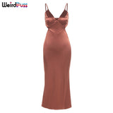 Puss Skinny Summer Elegant Women Long Dress Luxurious Party Deep V Backless Bodycon Solid Clubwear Trend Sexy Slim