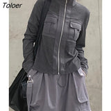 Grunge Pockets Patchwork Women Jackets Grey High Street Full Sleeve Zip Up Coats Autumn Turtlen Knitwear Harajuku