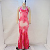 Toloer Women's Summer New Fashion Print Open Back Hanging Neck Strap Slim Fishtail Dress Long Skirt Woman-Outfit