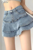 Sexy Ruffle Mini Skirt Denim Women Summer Vintage Cute High Waist Patchwork A-line Short Jeans Skirt Gyaru