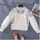 Women Tops Fashion Sexy Sheer Lace Blouse Lantern Sleeve 3D Floral Blouses Shirts Elegant Top Blusas