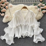 Spring Autumn Women Irregular Ruffle Draped Tops Female Elegant V-Neck Flare Long Sleeve Short Tops Vintage Blouse New