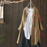 Womens Shirts 2022 ZANZEA Vintage Cotton Tunic Casual Long Sleeve Shirt Button Cardigans Female Soid Patchwork Tops Plus