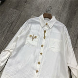 Casual Ruched Diamonds Striped Shirt For Women Lapel Long Sleeve Loose Blouse Female 2023 Spring Clothing Fashion