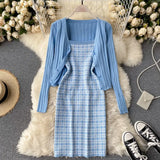Autumn Plaid Knitted Two Pieces Suits Women Long Sleeve Knit Cardigan+Slim Short Camis Dress Sweater Dress Sets