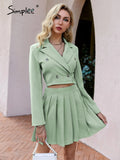 Party Elegant a-line pleated two piece suit sets women Office lady v-neck button mini skirt set lapel Spring crop blazer