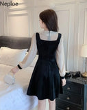 Vintage Velvet Black Dress Stand Neck Lantern Sleeve Party Robe High Waist Slim Vestidos Korean Elegant Dresses