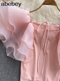 Summer New Japanese Style Korean Fashion Women's Blouse Casual Retro Solid Color Round Neck Flying Sleeves