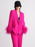 Toloer New Temperament Top Collar With Diamond Design Sense Cuff Stitching Ostrich Hair Long Sleeve Suit Spring Style-Outfit