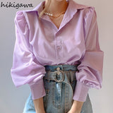 Women Shirts Office Lady Turn-down Collar Loose Lantern Sleeve White Blouses Tops Korean Fashion Elegant Blusas