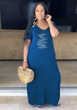 V-neck Short Sleeves Print Loose Maxi