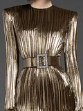 Fashion Women's Dress Round Neck Long Sleeve High Waist Belt Above Knee Gold Party Dresses Female Autumn 2023 New