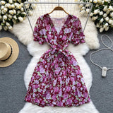Summer Vintage Women Pleated Chiffon Dress Elegant Floral V-Neck Short Sleeve High Waist Draped A-Line Vestidos Female New