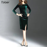 Vintage Velvet Dress New Women Long Sleeve Slim Side Split Dresses Knee Length Elegant Party Dress