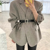 Dark Gray Wool Jacket Women with Belt Autumn Winter Notched Collar Chic Blend Coat Ladies Thicken Fall Outerwear