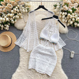 Wearing A Holiday Style Suit Female Retro Hook Hanging Neck Vest + Hollow Open Shirt + Half-Dress Three-Piece