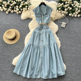 Ripe Wind Niche High-Grade Buckle Collar Sleeveless Roll-Lens Denim Dress Women's Summer Long