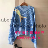 Top Blue Loose Korean Casual Ocean Diving Print O Neck Sweater For Women 2022 Winter Chic Oversized Pullover